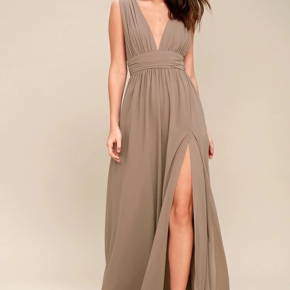 Lulu’s Heavenly Hues Taupe Maxi Dress